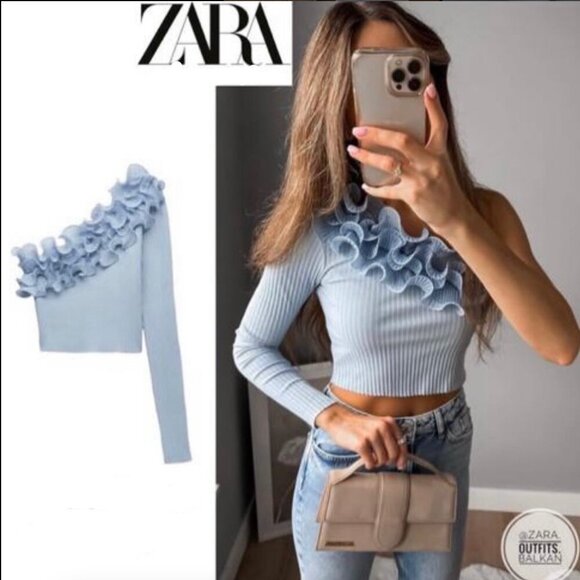 ZARA Flower Top Knit Blouse One Sleeve Asymmetric Top Size L ,Color Blue NWT - Picture 4 of 16